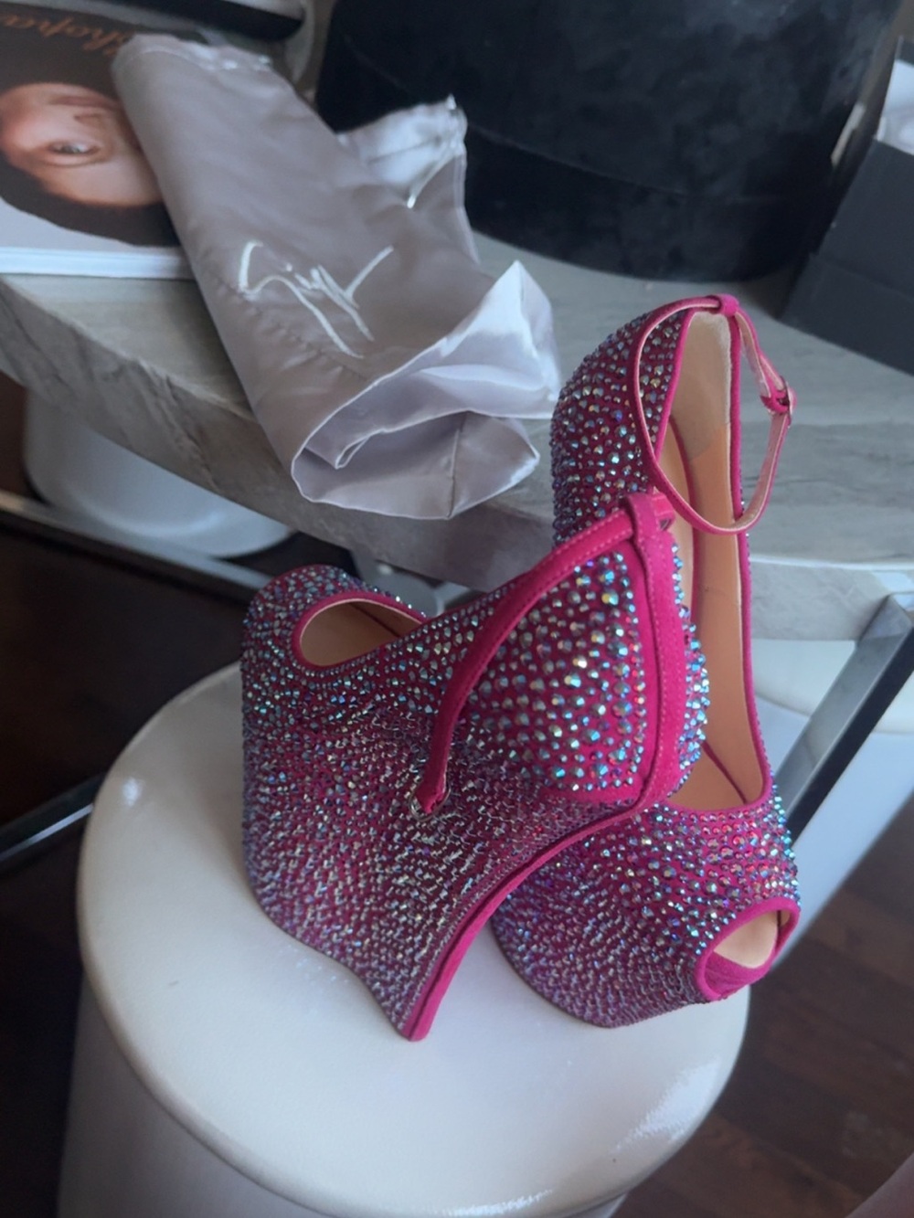 Giuseppe Zanotti Hot Pink Crystal Platform Peep-Toe Wedges